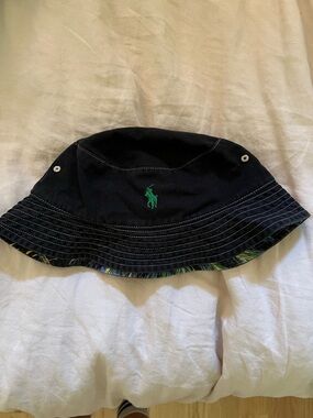 Vintage Ralph Lauren Black Bucket Hat with Green Logo reversible
